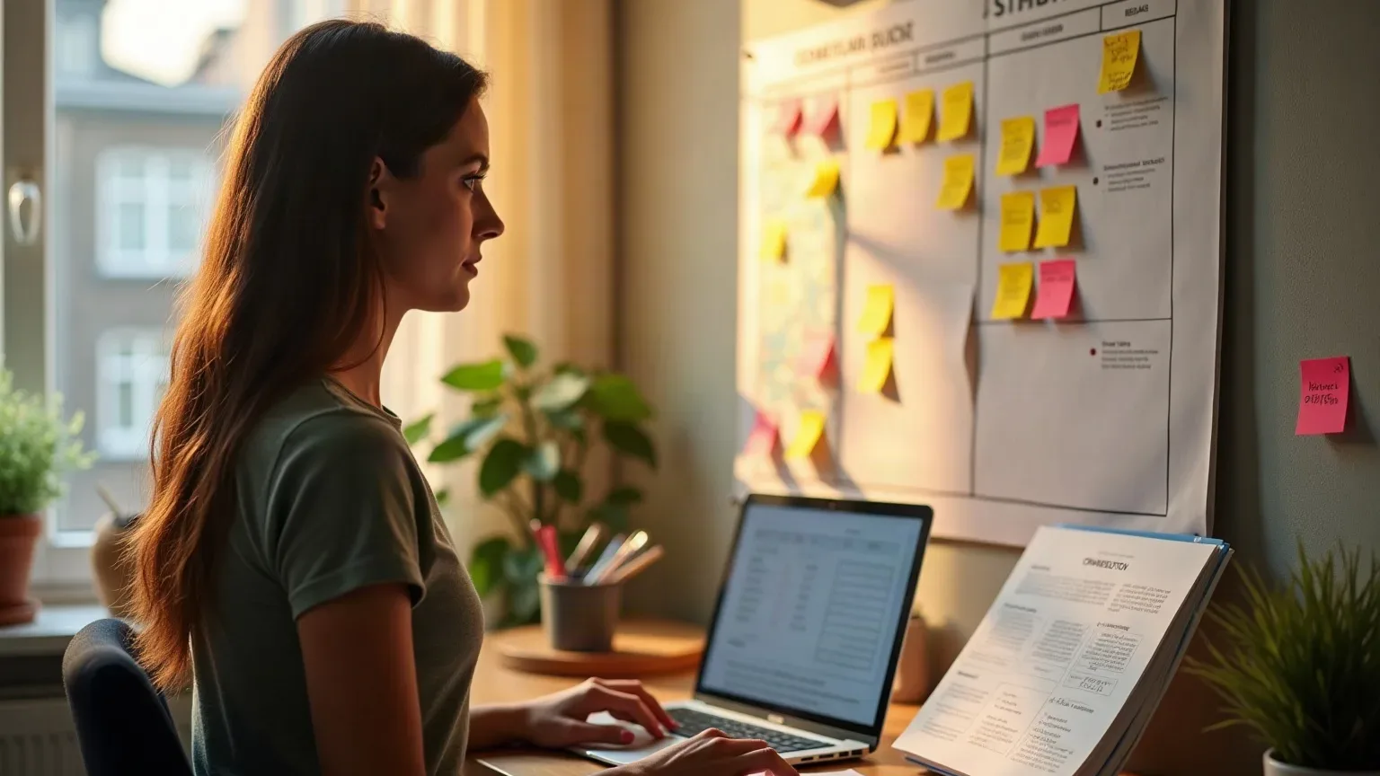 A person sits at a desk working on a laptop, with an open document beside them and a wall-mounted planning chart covered in yellow and pink sticky notes behind them