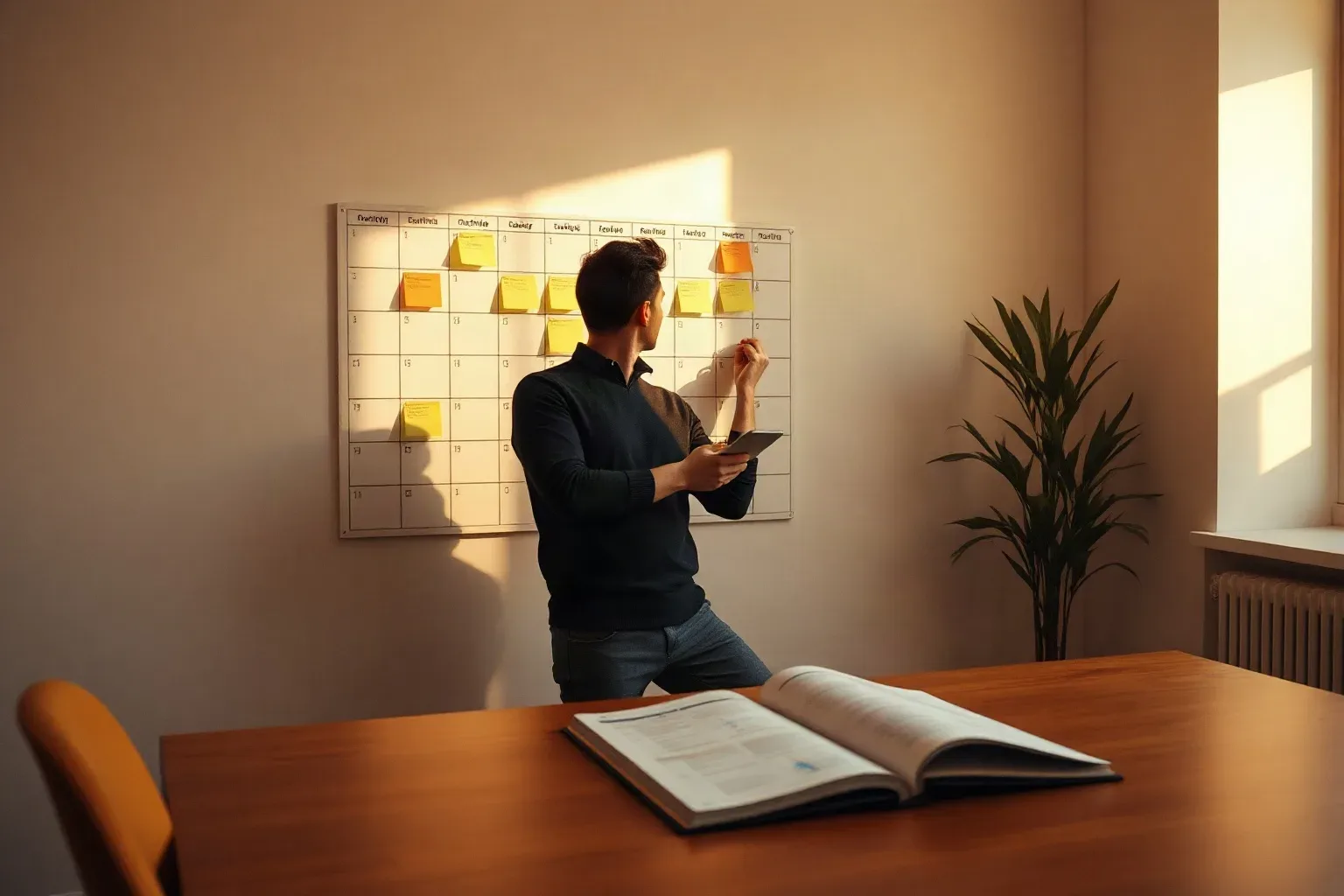A person writes on a wall-mounted calendar grid covered in yellow sticky notes, holding a device, beside an open book on a wooden table