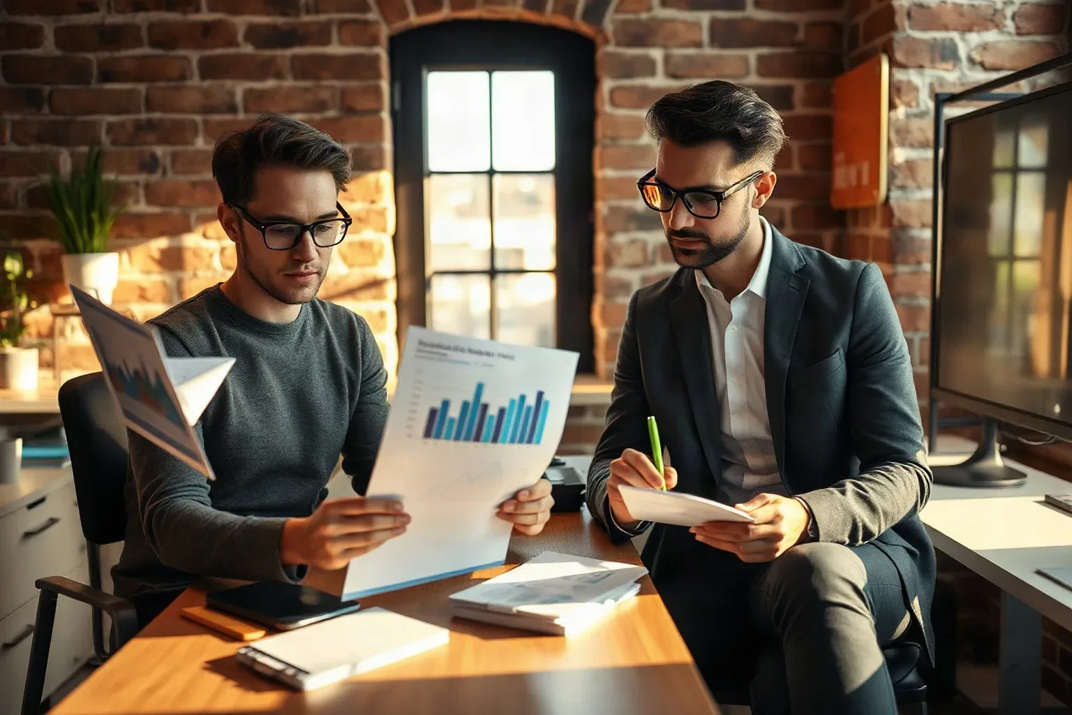Two business professionals in smart-casual clothing at a compact agency desk with exposed brick walls where one reads from a printed bar-chart analytics report aloud while the other makes a mark on a separate printed funnel analytics report and a mounted pin board is visible to one side