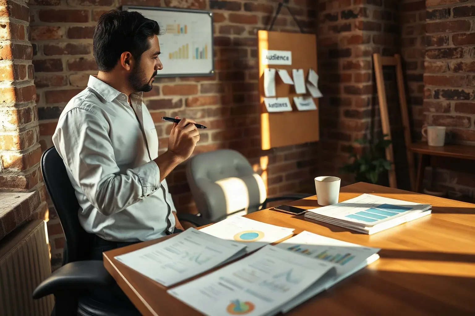 A marketing professional in a compact agency office with exposed brick walls using a pen to add a label to a blank audience segmentation card before pinning it to the mounted pin board while printed funnel analytics reports are spread across the desk below