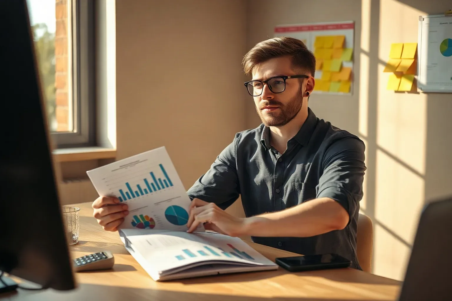 A professional in smart-casual clothing seated at an agency desk with natural window light flipping to the second page of a printed bar-chart analytics report and resting a wireless presenter clicker on the open page while a colour-coded sticky-note planning grid is visible on the wall