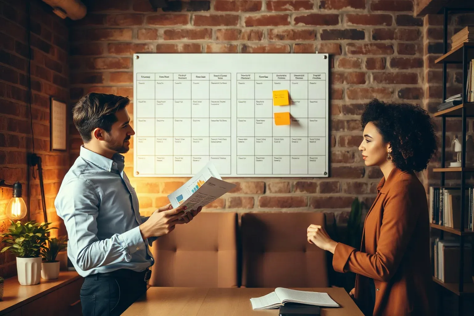 Two business professionals in smart-casual clothing in a compact office with exposed brick walls where one holds a printed funnel analytics report open while the other repositions a colour-coded sticky note on the wall-mounted campaign planning grid above the desk