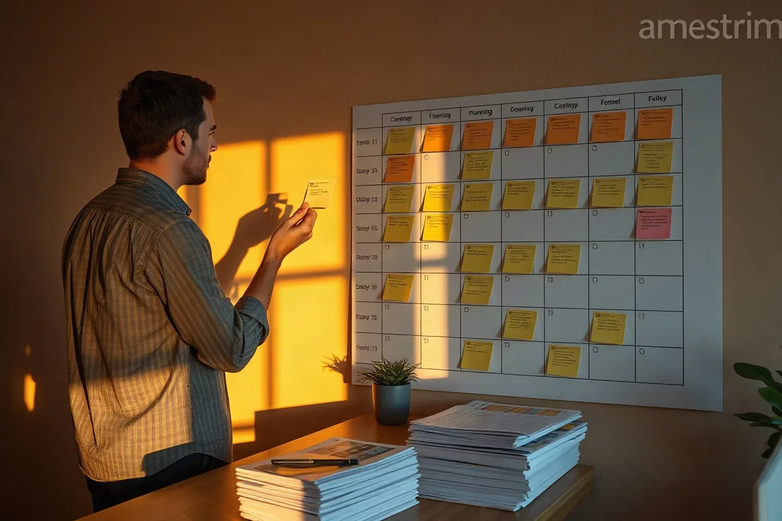 A person stands beside a wall-mounted grid covered in coloured sticky notes, holding a card and reviewing the board above a desk stacked with papers