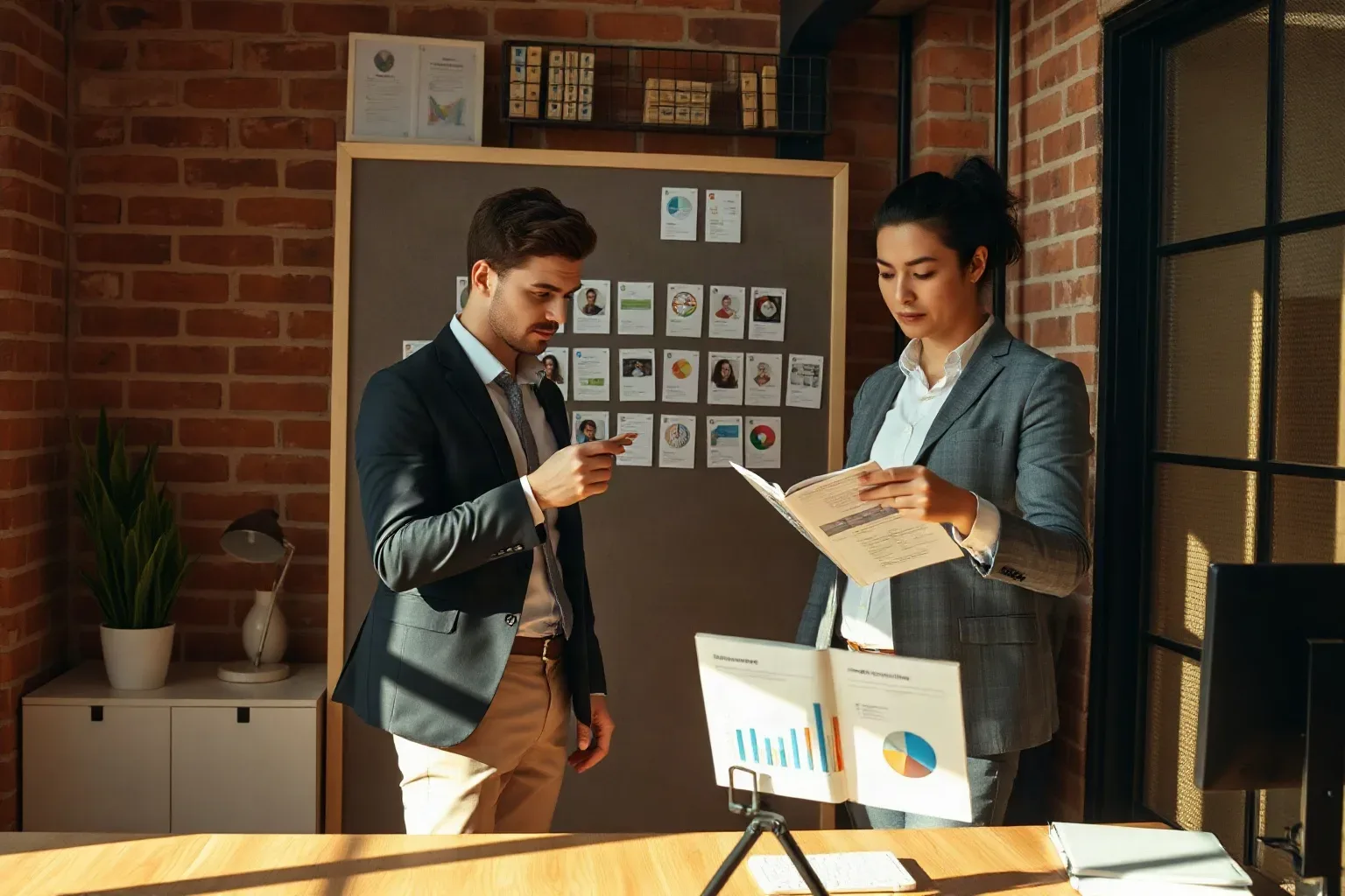 Two business professionals in smart-casual clothing in a compact office with exposed brick walls standing at a mounted pin board where one rearranges audience segmentation cards into a new order while the other follows along with a printed bar-chart analytics report open in hand