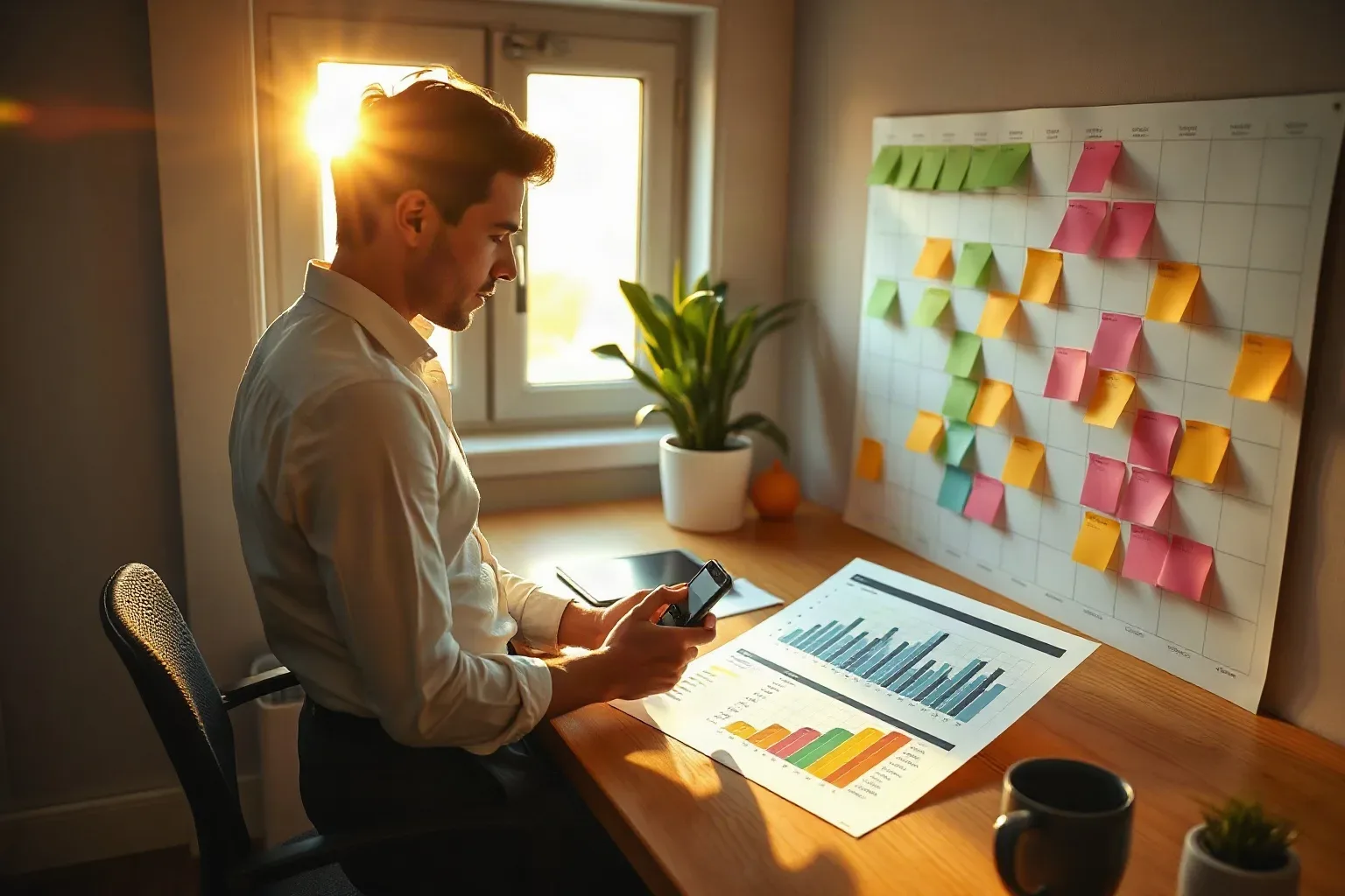 A person in a white shirt sits at a wooden desk holding a smartphone, with printed bar-chart reports on the desk and a colourful sticky-note planning grid on the wall beside them