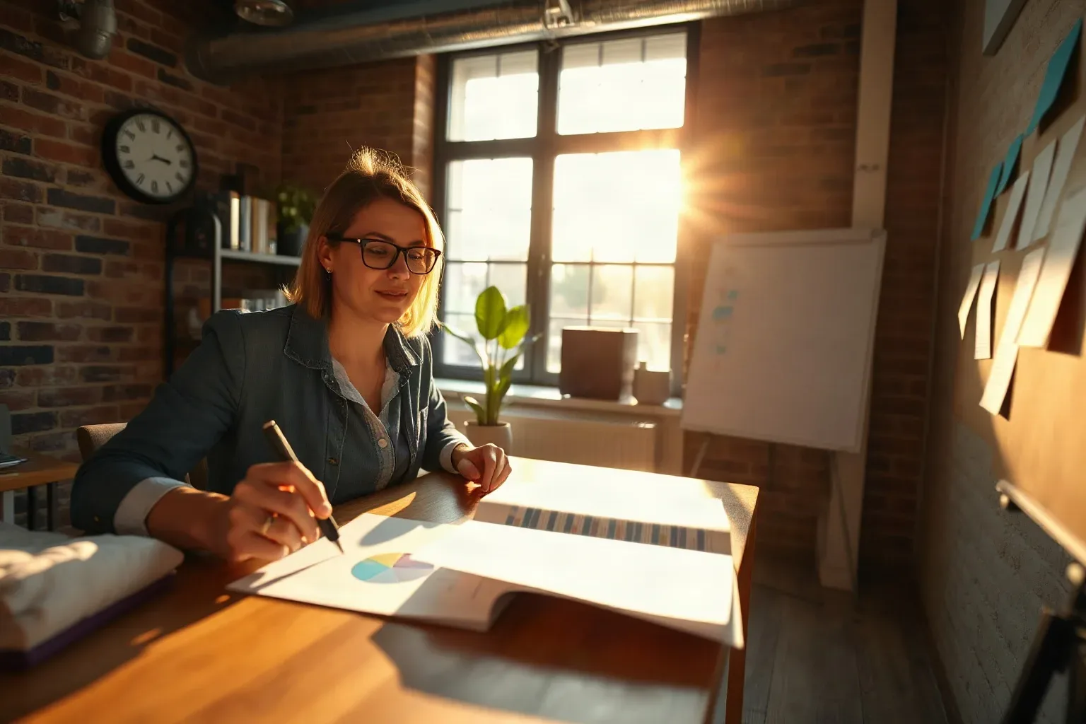 A person wearing glasses sits at a wooden desk in a brick-walled office, writing on printed chart documents in warm sunlight