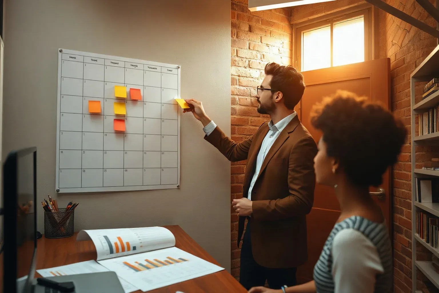 A professional in smart-casual clothing standing at a wall-mounted campaign planning grid in a compact office with exposed brick walls and peeling away a colour-coded sticky note to reveal a blank space beneath while a printed bar-chart analytics report is open on the desk and a wireless presenter clicker rests nearby