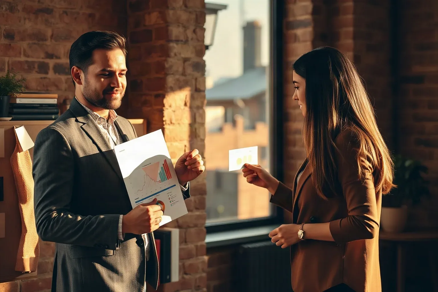 Two professionals in smart-casual clothing exchange printed documents containing charts and graphs in a brick-walled office with natural window light