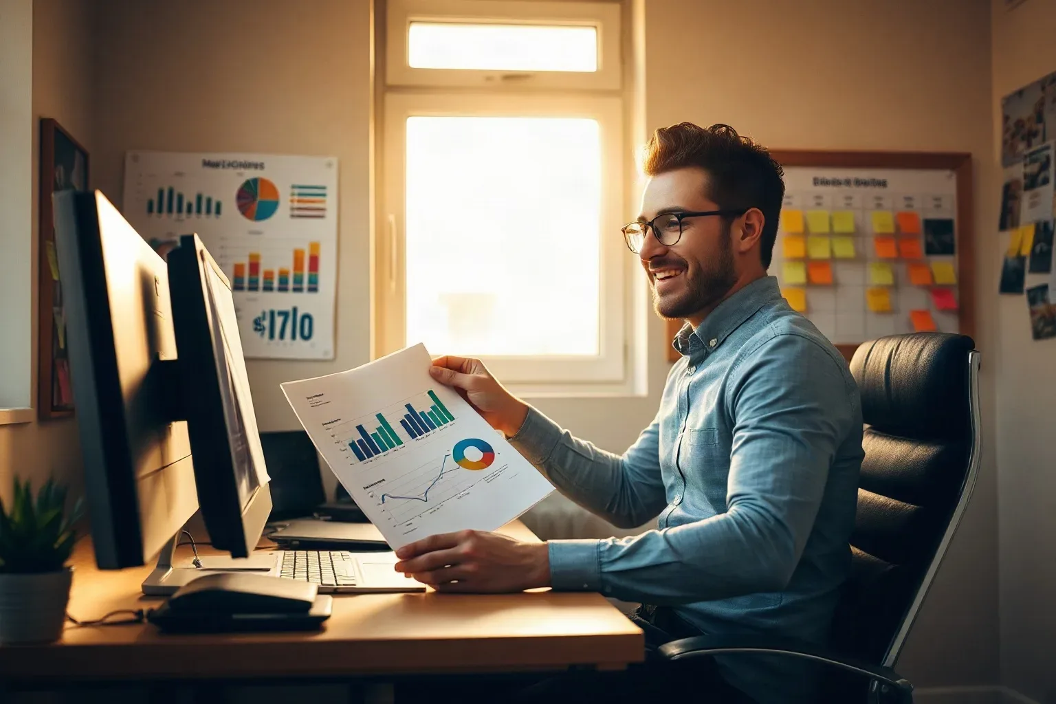 A smiling person wearing glasses sits at a desk in a small office, holding a printed report with charts while colourful sticky notes and data charts are visible on the wall behind them