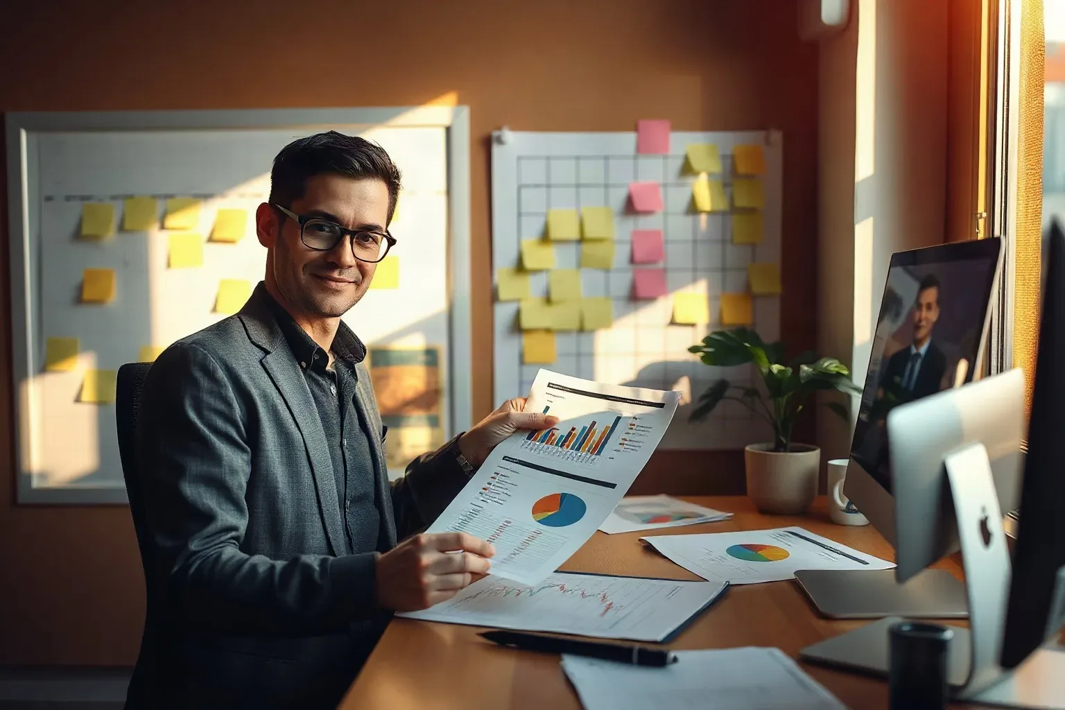 A person wearing glasses and a blazer sits at a desk holding printed charts and graphs, with sticky-note-covered boards on the wall behind them