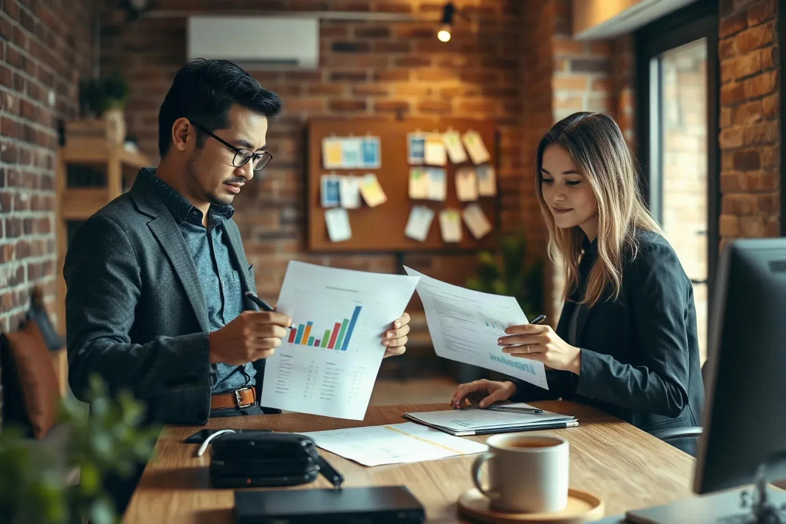 Two business professionals in smart-casual clothing in a compact office with exposed brick walls each using a pen to annotate their own printed bar-chart analytics report at a shared desk while a mounted pin board with audience segmentation cards is visible in the background