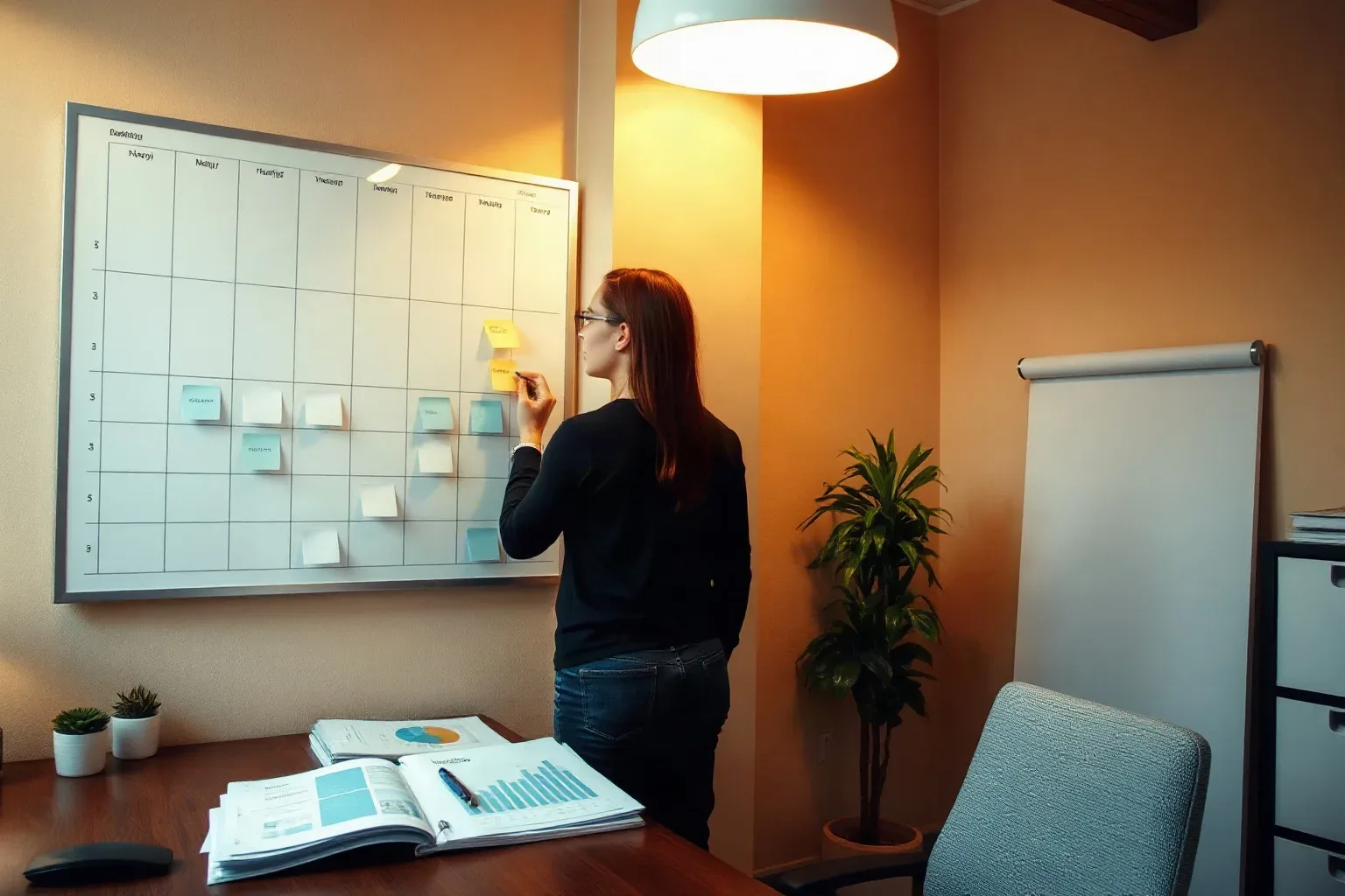 A person with long red hair writes on a sticky note attached to a wall-mounted calendar grid covered in coloured sticky notes, beside a desk with open reports showing charts