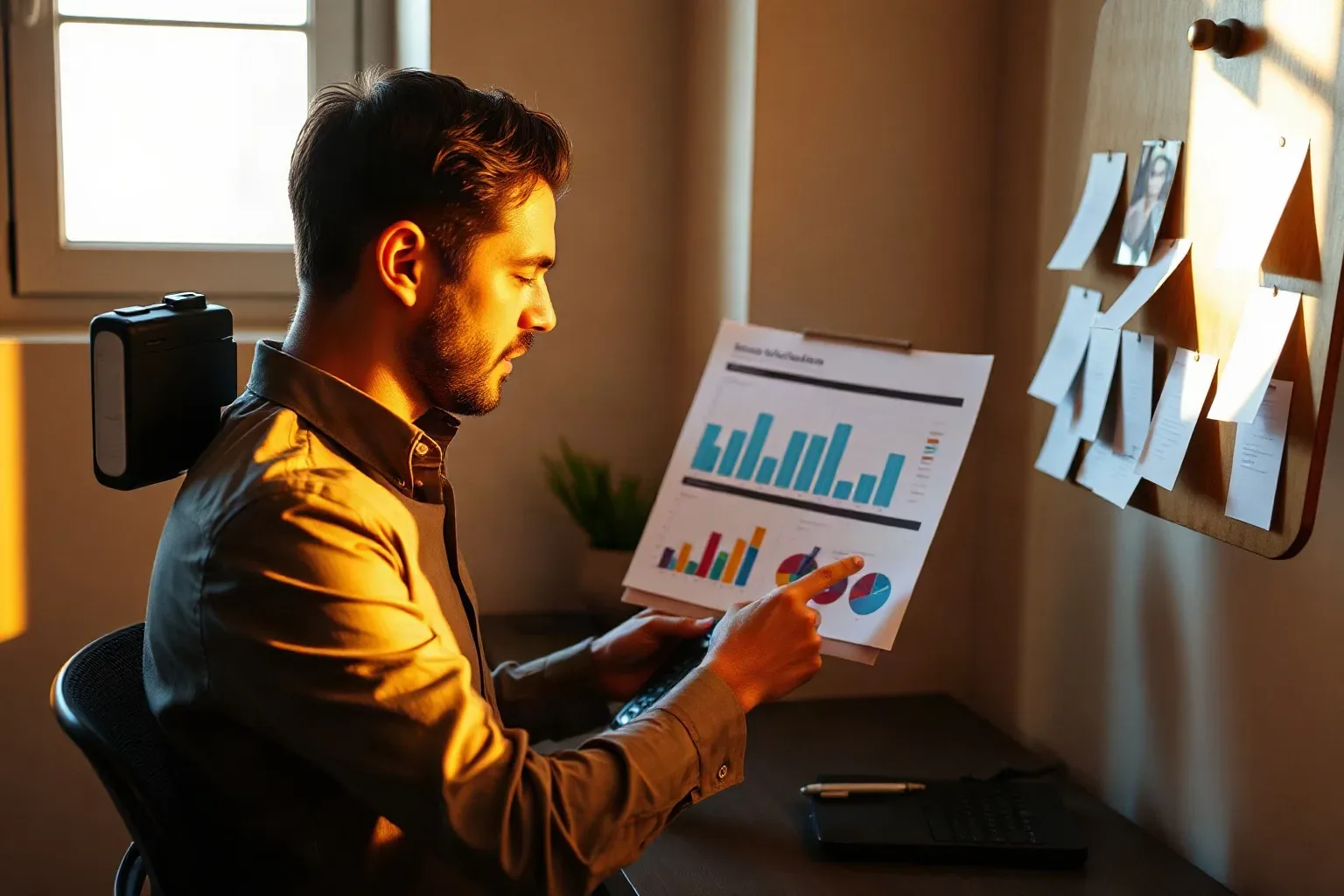 A person in a smart-casual shirt sits at a desk reviewing printed charts and graphs, pointing at a pie chart, with a cork notice board covered in pinned notes on the wall beside them