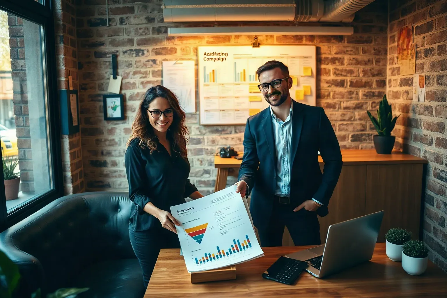 Two business professionals in smart-casual clothing in a compact agency office with exposed brick walls where one holds a printed funnel analytics report flat on the desk and the other leans over to add a sticky note to the wall-mounted campaign planning grid above