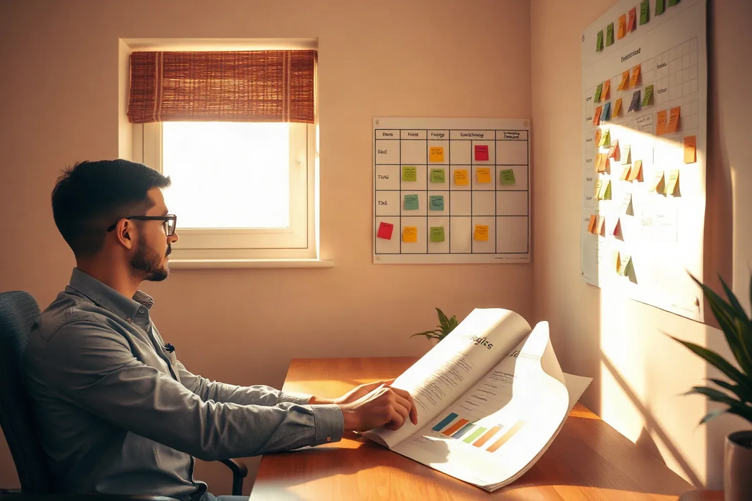 A person wearing glasses sits at a desk reviewing a large printed report with bar charts, with two colourful sticky-note planning grids mounted on the wall behind them