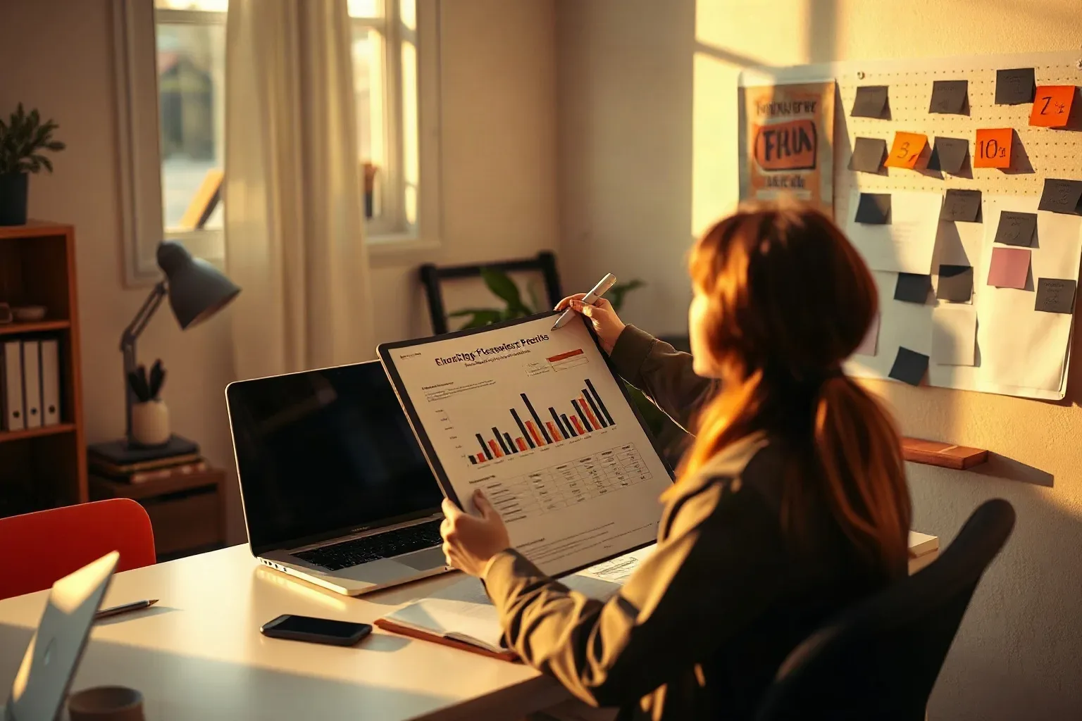 A person sits at a desk holding a printed bar-chart report and a pen, with sticky notes pinned to a wall board beside an open laptop
