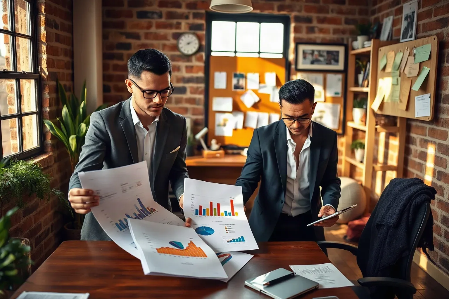Two business professionals in smart-casual clothing in a compact office with exposed brick walls spreading printed funnel analytics reports in a product-category sequence across the desk while audience segmentation cards are rearranged on a mounted pin board in the background