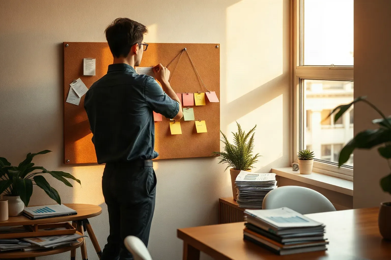 A person wearing glasses pins a note to a cork board covered in colourful sticky notes, in a sunlit office with stacked documents and potted plants nearby