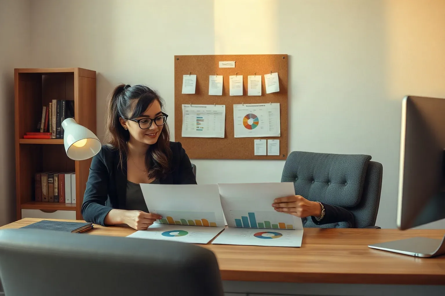 A person wearing glasses sits at a wooden desk reviewing printed charts and graphs, with a cork pin board displaying notes and charts on the wall behind them