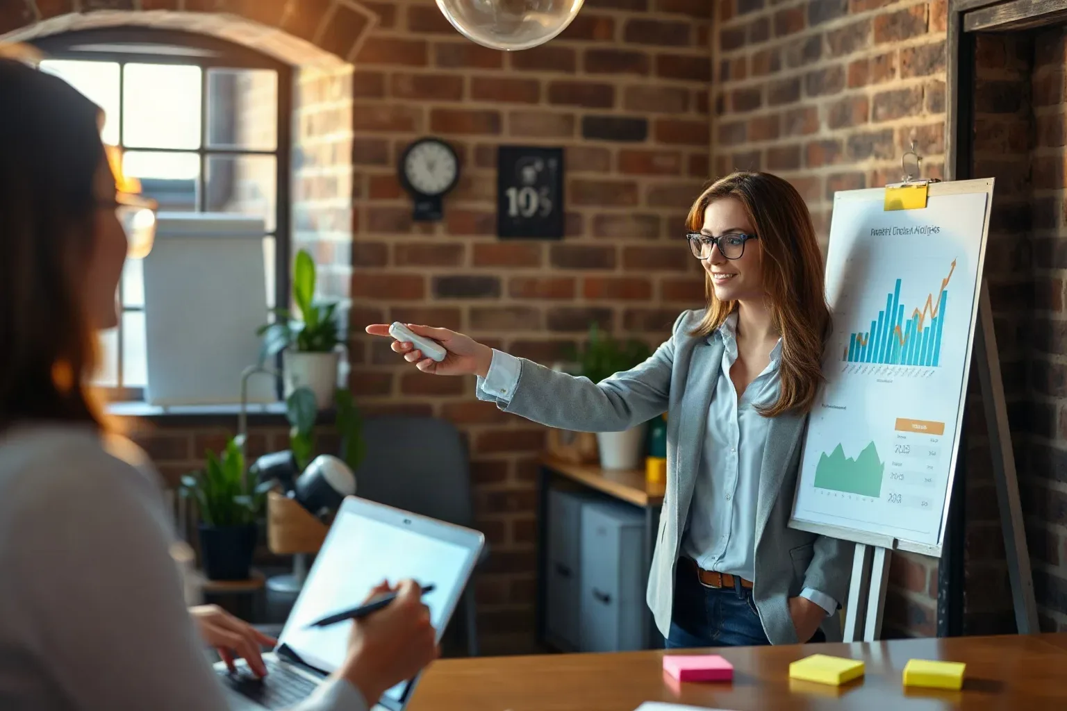 A person in glasses and smart-casual clothing gestures towards a flipchart displaying bar and line graphs while another person takes notes on a laptop in a brick-walled office