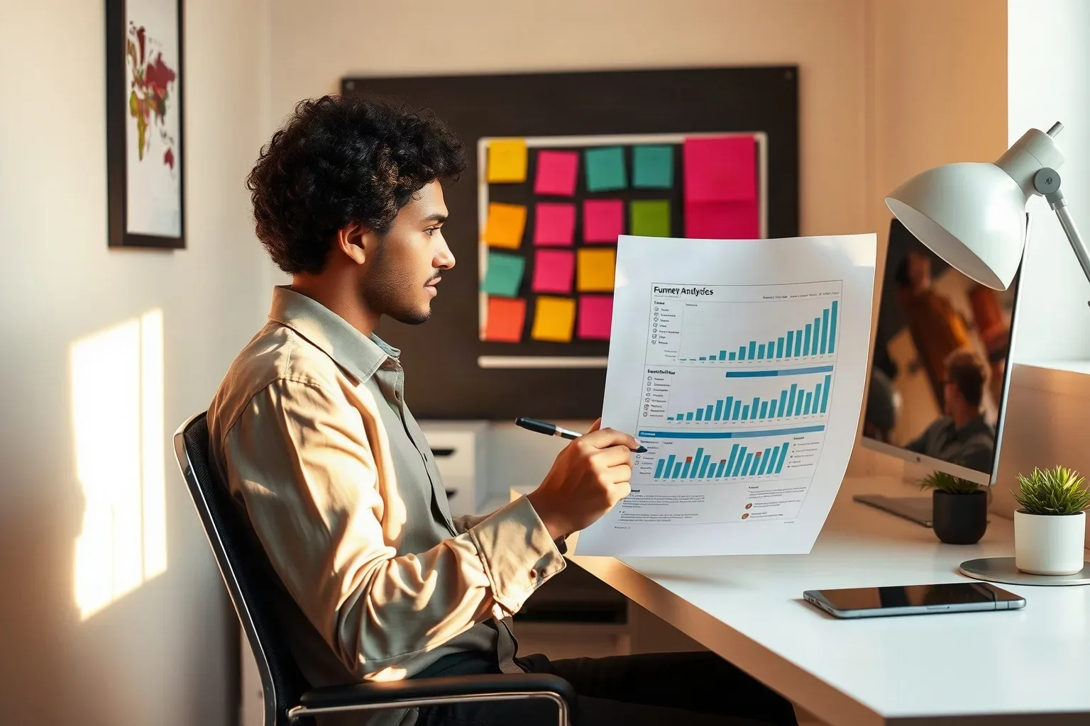 A person sits at a desk in a home office, holding a printed analytics report with bar charts while a colourful sticky-note grid is mounted on the wall behind them