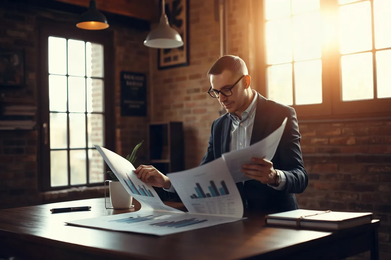 A professional in smart-casual clothing cross-referencing two printed bar-chart reports laid side by side on an agency desk beside an exposed brick wall under natural window light
