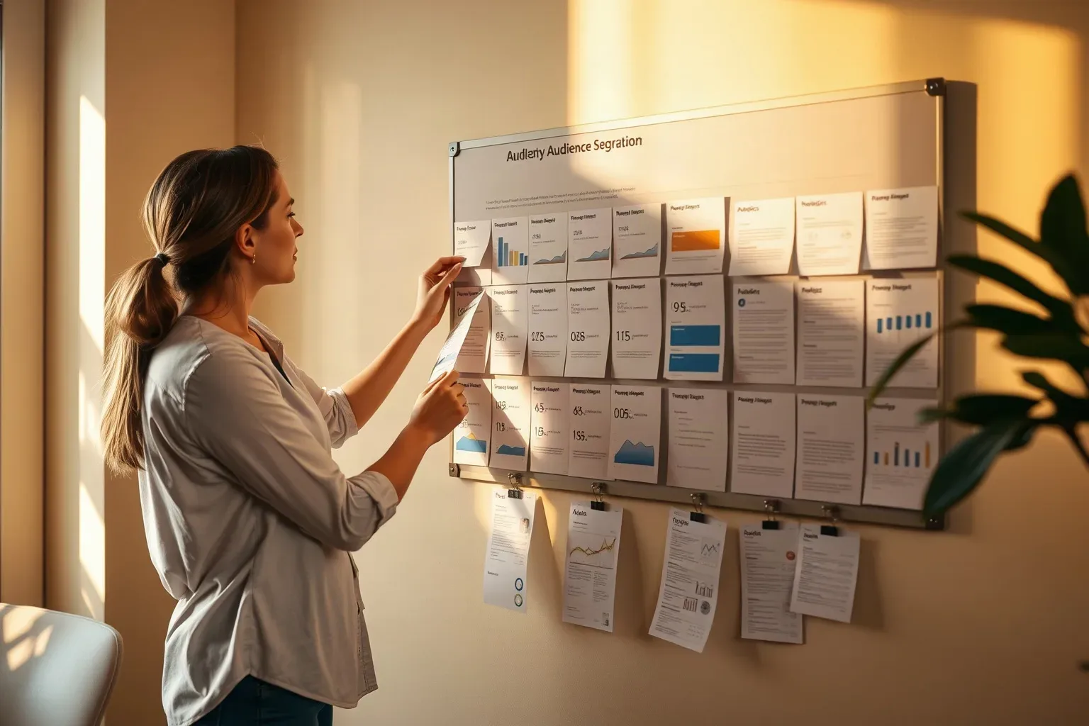 A person arranges printed documents and charts on a wall-mounted display board covered in data reports, in a warmly lit room