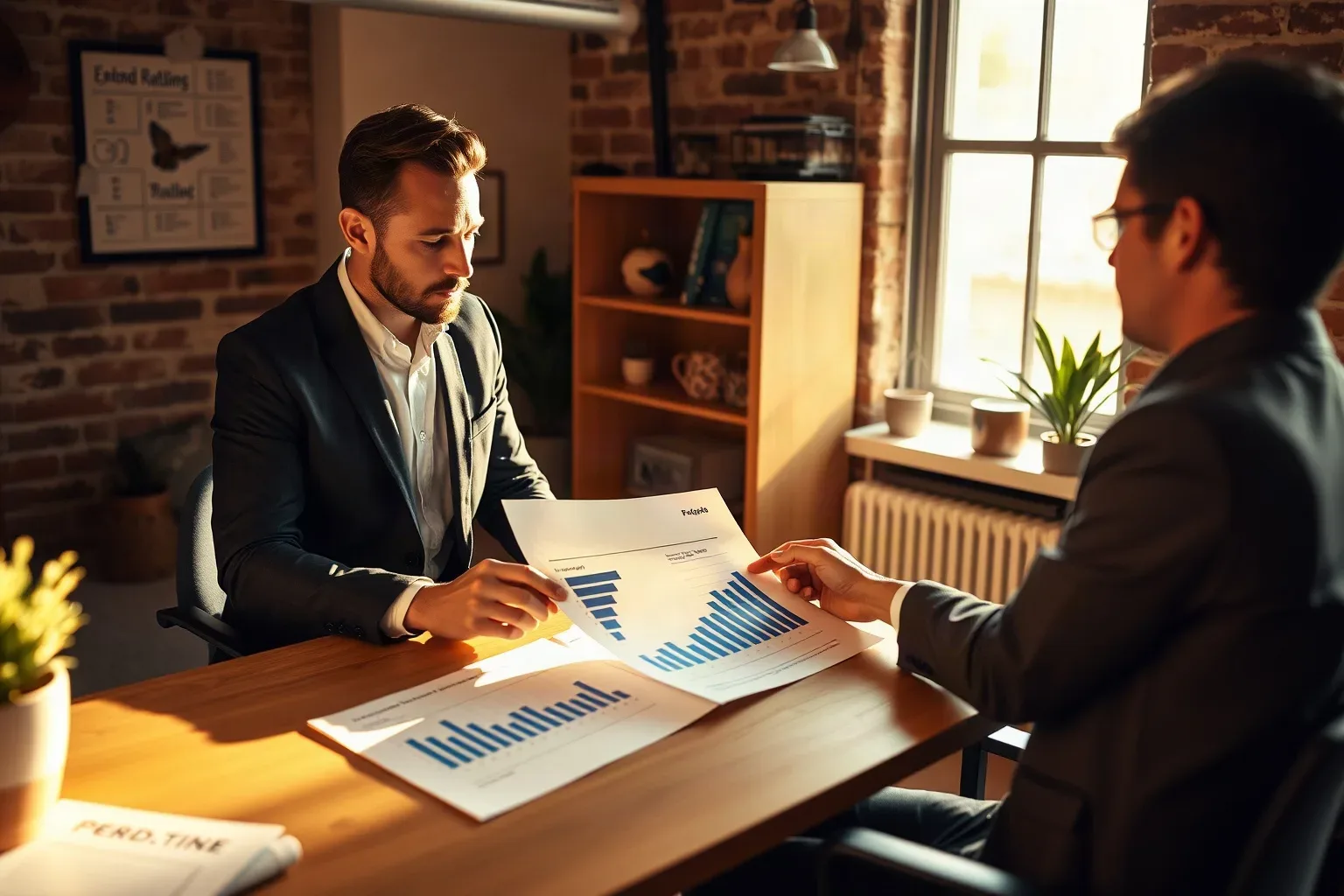 Two people in smart-casual clothing sit across a desk reviewing printed bar-chart reports in a warmly lit office with exposed brick walls