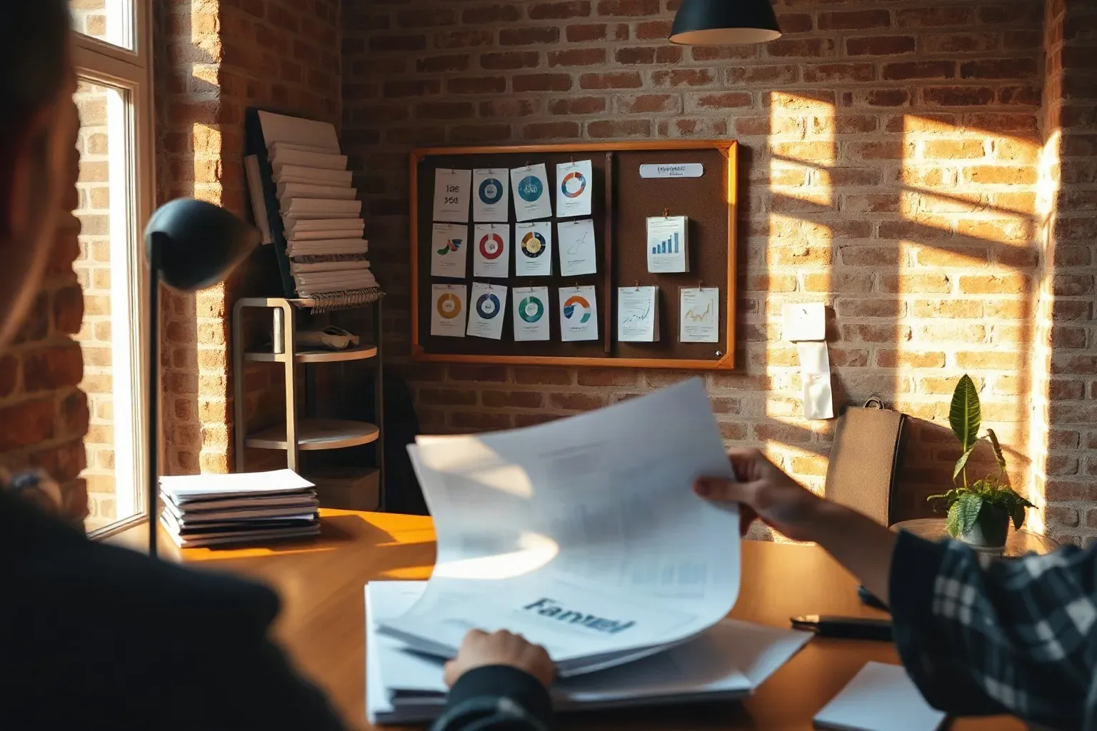 A professional in a compact agency office with exposed brick walls spreading several printed funnel analytics reports across the desk and comparing figures between them while a mounted pin board with audience segmentation cards is behind