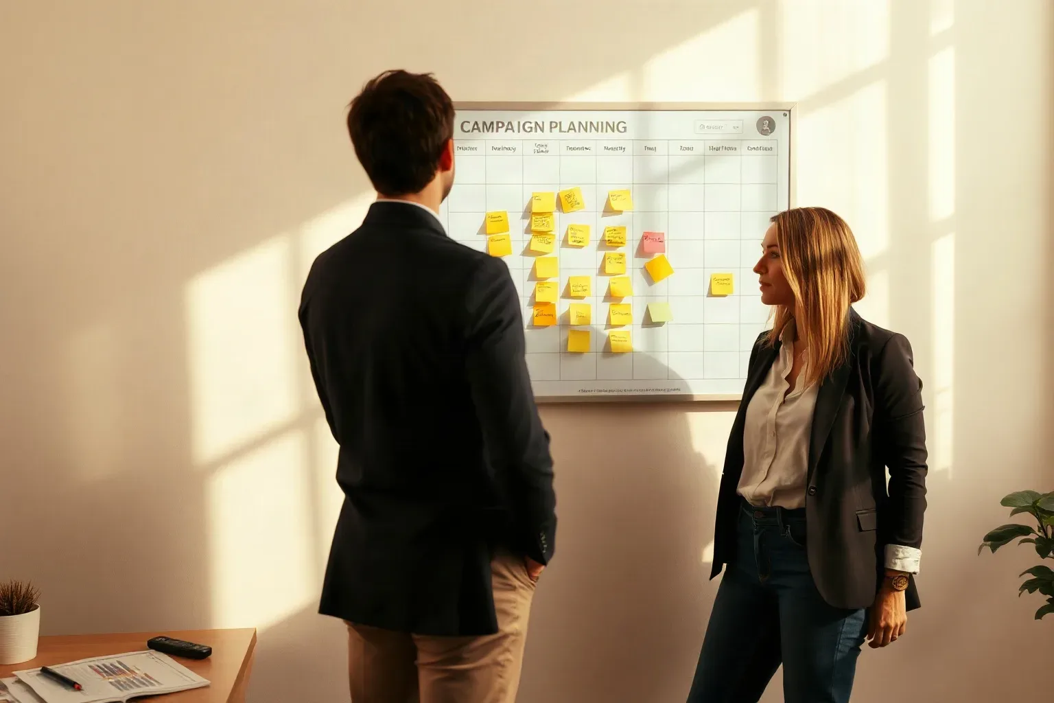 Two people in smart-casual blazers stand before a wall-mounted campaign planning grid covered in yellow sticky notes