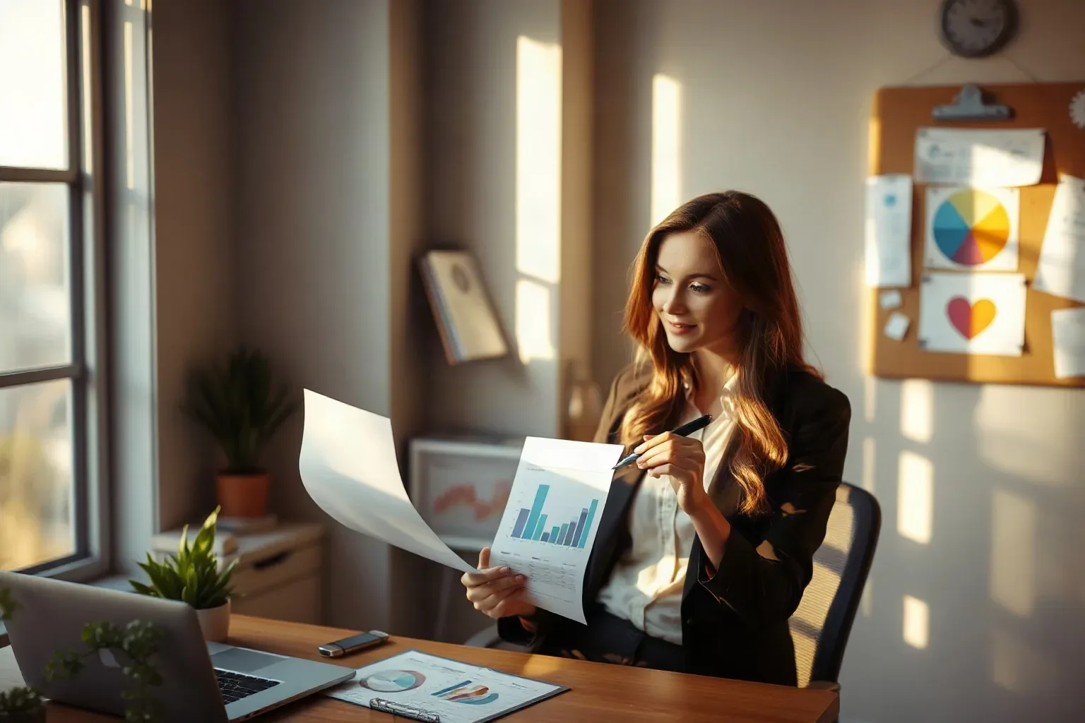 A person in a dark blazer sits at a desk reviewing printed bar-chart reports, holding a pen, with a cork pin board displaying charts visible on the wall behind