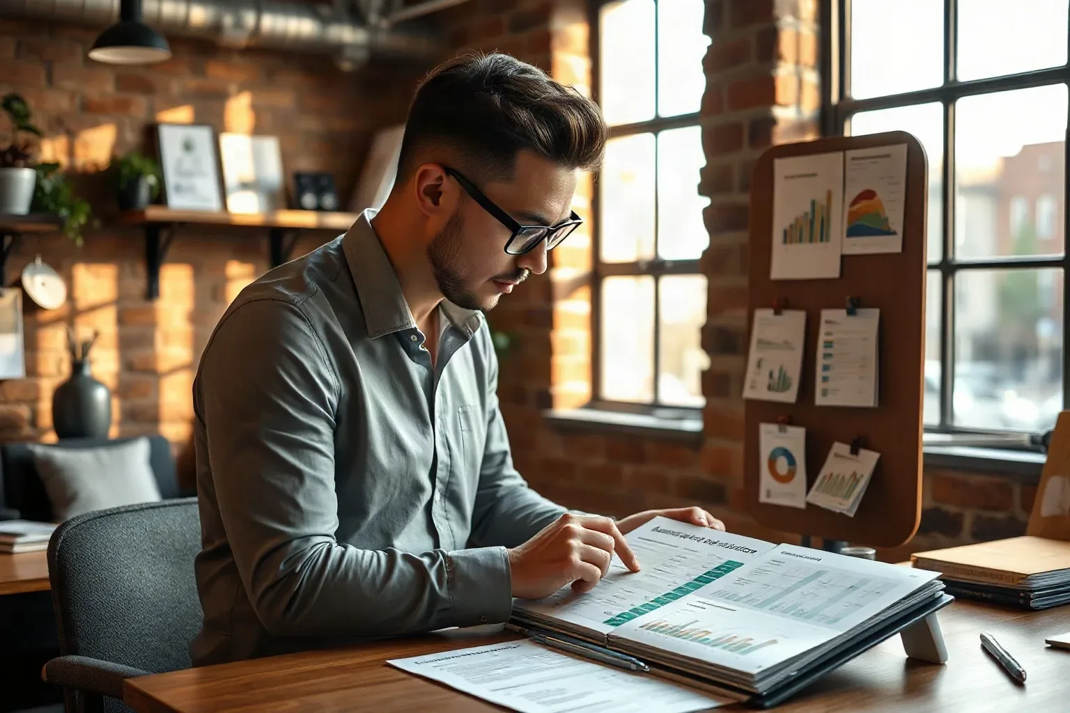 A professional in smart-casual clothing in a compact agency office with exposed brick walls tidying a row of audience segmentation cards on a mounted pin board while a printed funnel analytics report is folded to a specific page on the desk