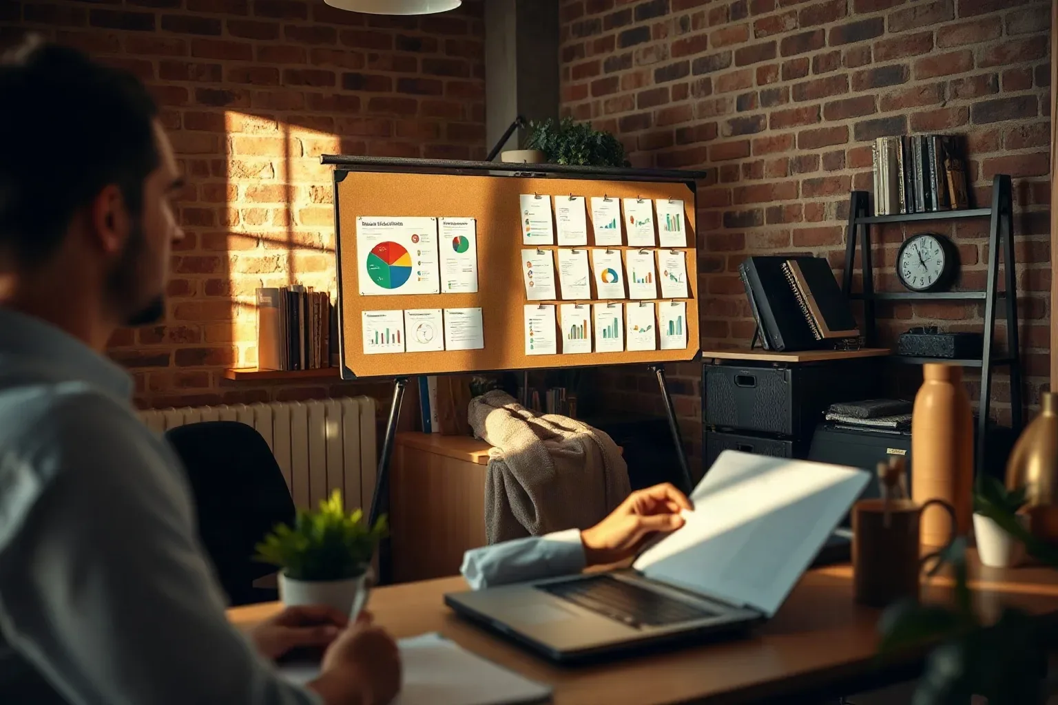 A person sits at a wooden desk reviewing papers, facing a cork pin board covered with printed charts and graphs, in a warmly lit room with exposed brick walls