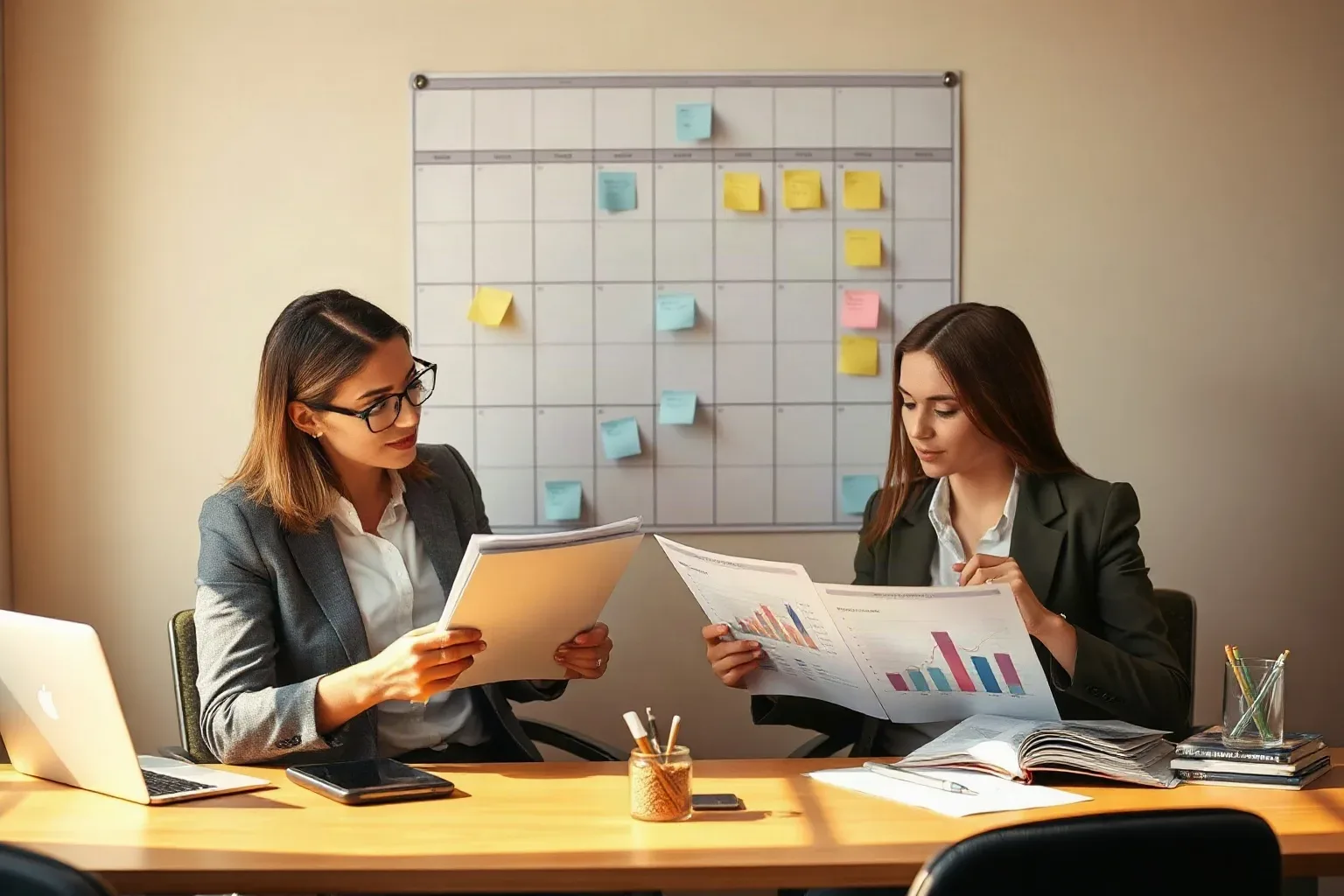 Two professionals in blazers sit at a desk reviewing printed bar-chart reports, with a wall-mounted calendar grid covered in coloured sticky notes behind them