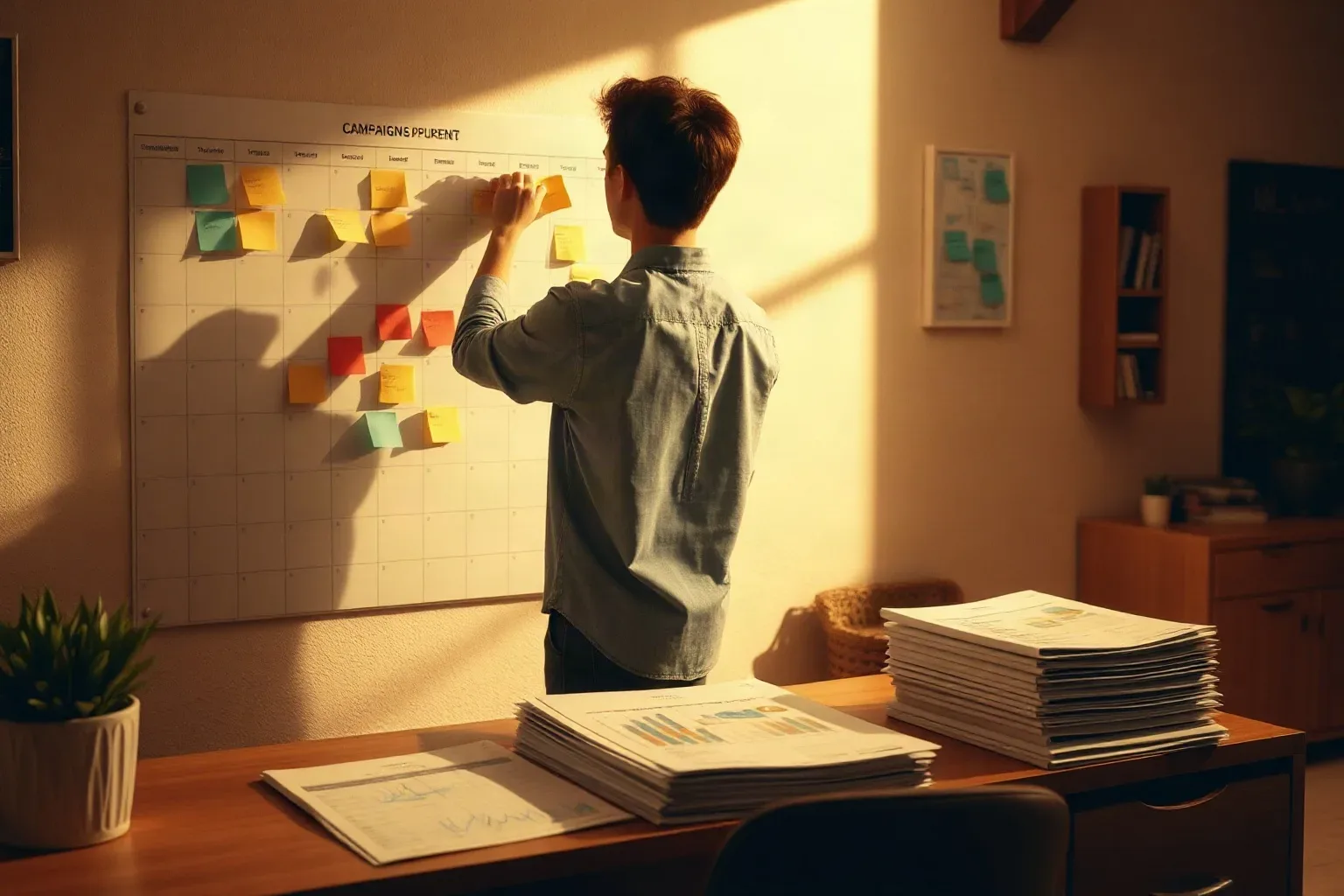 A person in a denim shirt places a sticky note onto a wall-mounted calendar grid covered in colourful sticky notes, beside a desk stacked with printed reports