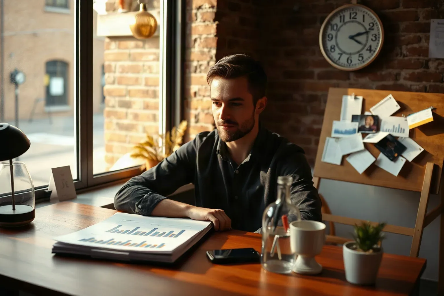 A marketing professional seated at an agency desk with exposed brick walls tapping a wireless presenter clicker on a printed bar-chart report while audience segmentation cards are arranged on a pin board beside the window