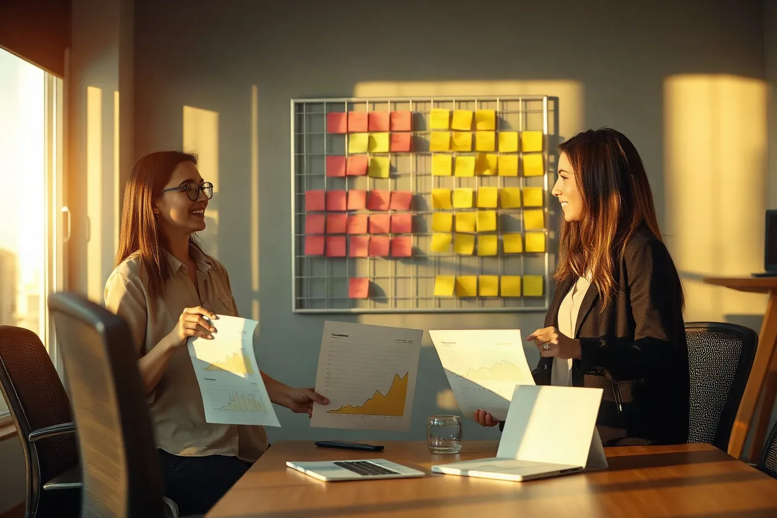 Two people sit either side of a conference table, smiling and exchanging printed reports showing line and bar charts, with a grid of coloured sticky notes on the wall behind them