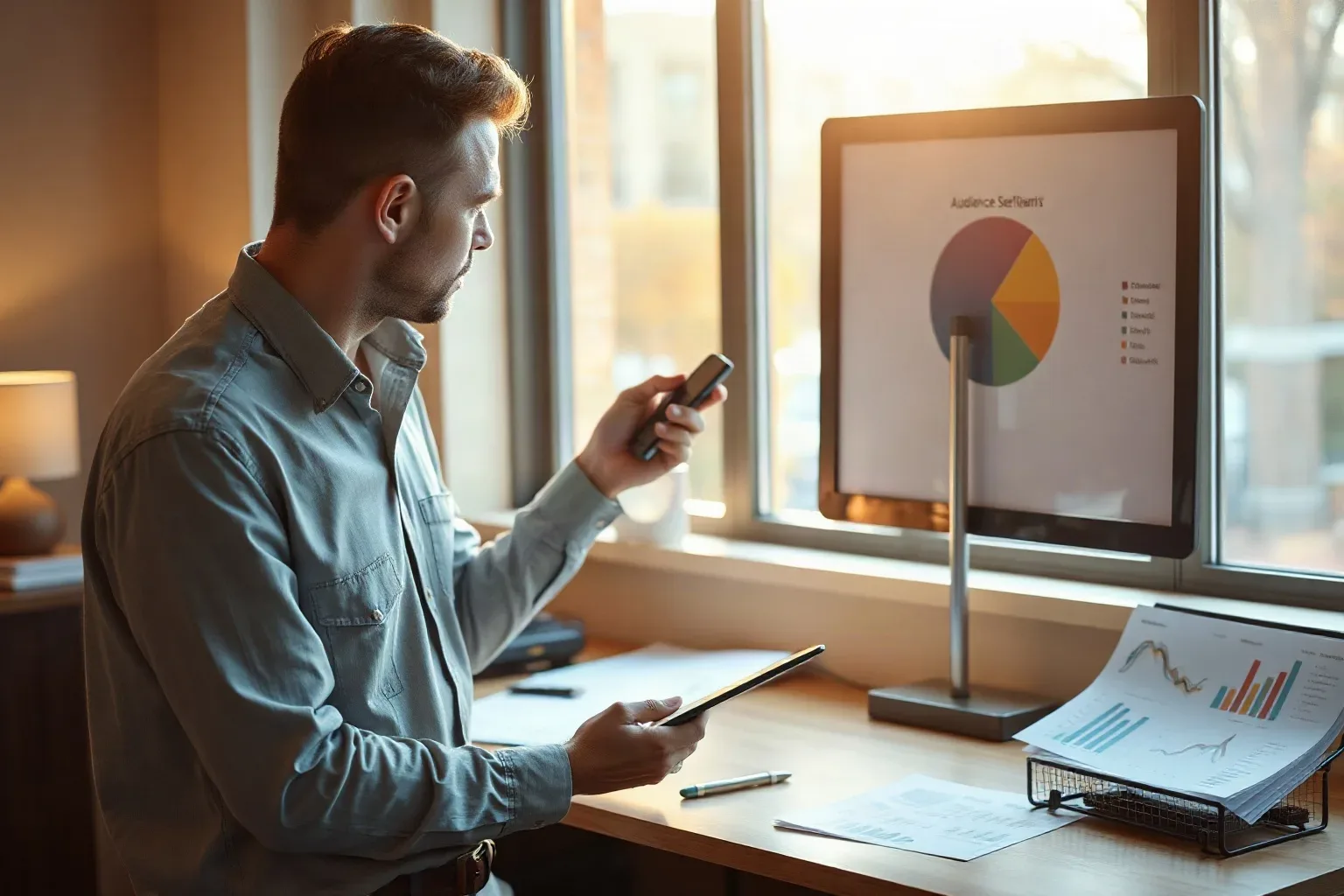 A person stands at a desk holding a smartphone and tablet, looking at a monitor displaying a pie chart, with printed data reports nearby