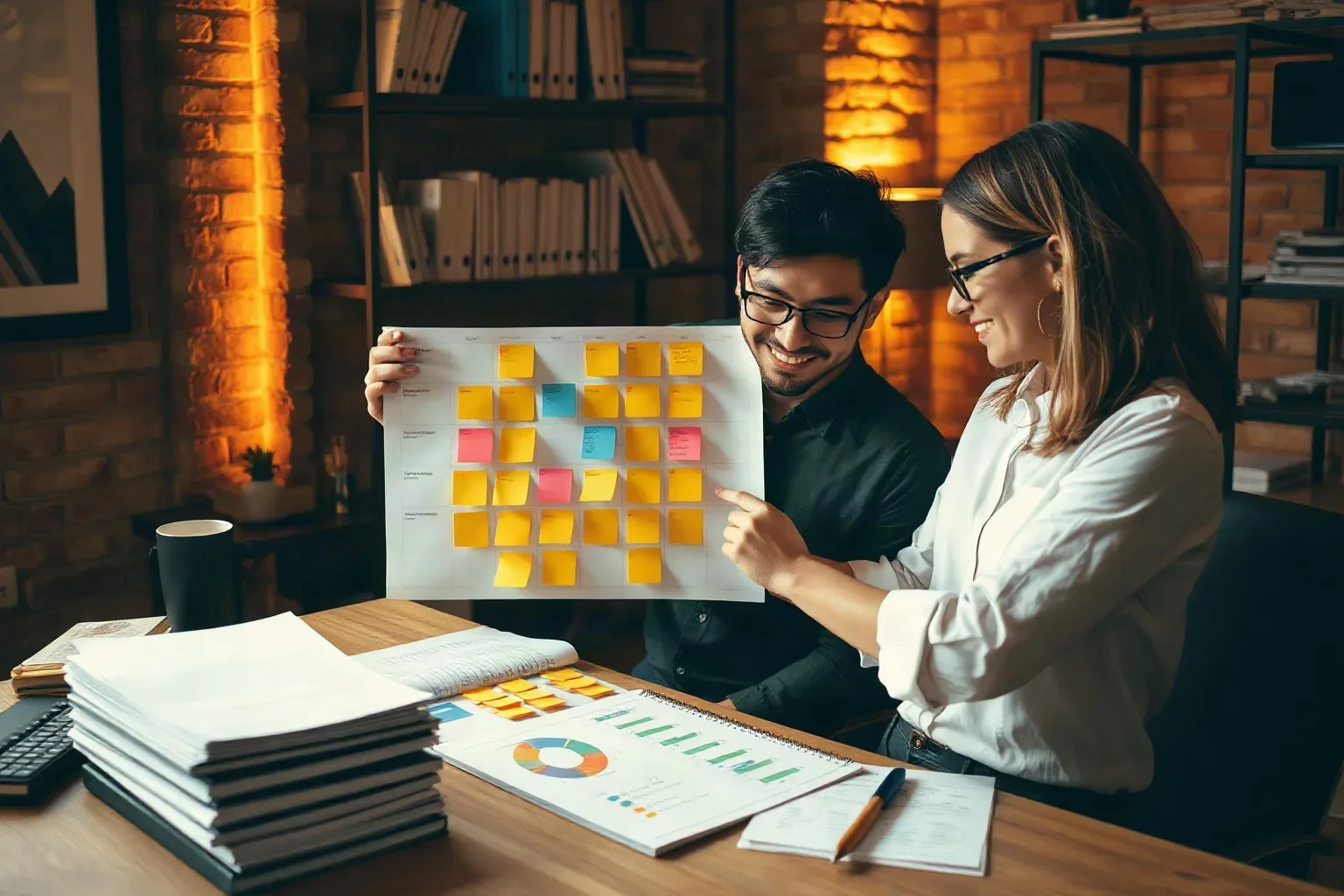 Two marketing professionals in a compact agency office with exposed brick walls collaboratively reorganising colour-coded sticky notes on a campaign planning grid while a stack of printed funnel analytics reports sits on the desk