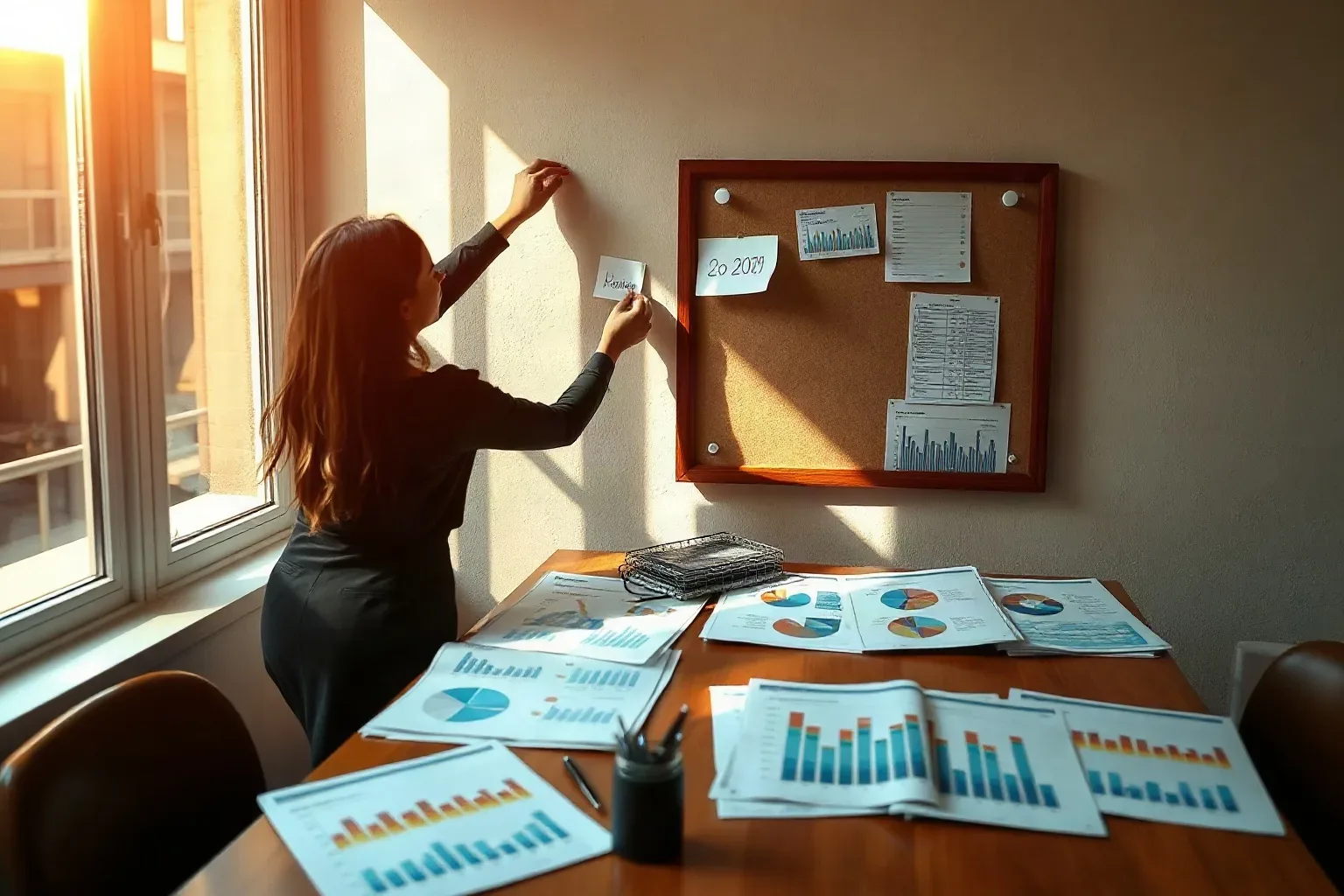 A person pins sticky notes to a wall beside a cork board while printed charts and reports are spread across a wooden desk in a sunlit office