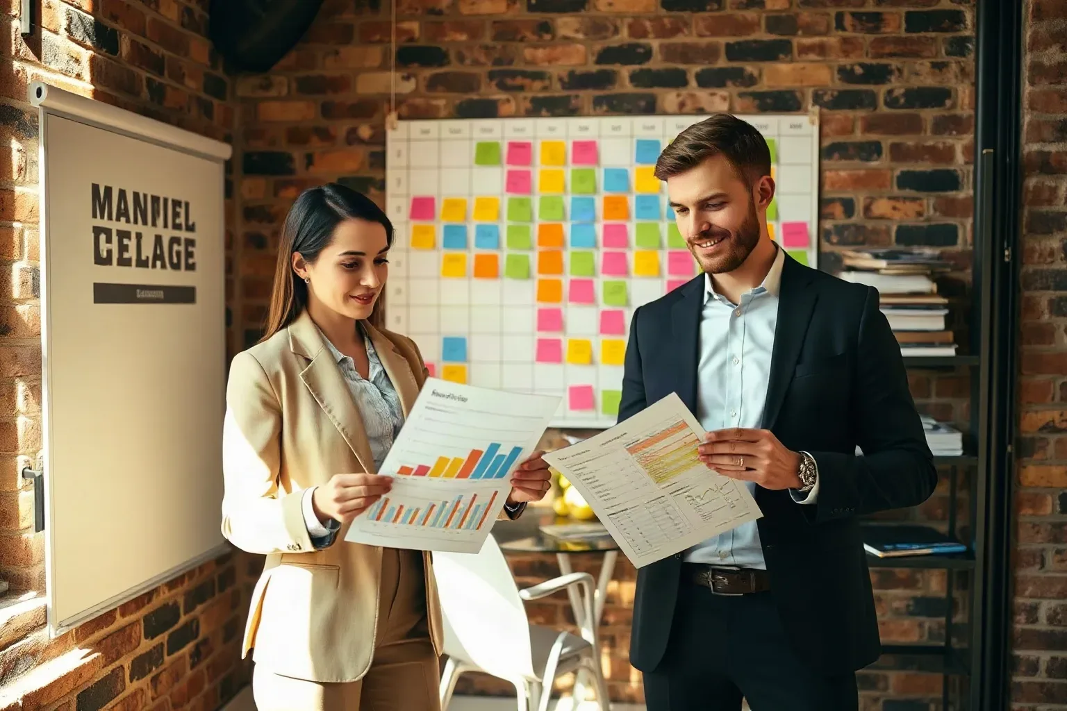 Two business professionals in smart-casual clothing in a compact office with exposed brick walls each holding a printed funnel analytics report and comparing specific rows on their respective pages while a colour-coded sticky-note planning grid fills the wall behind them