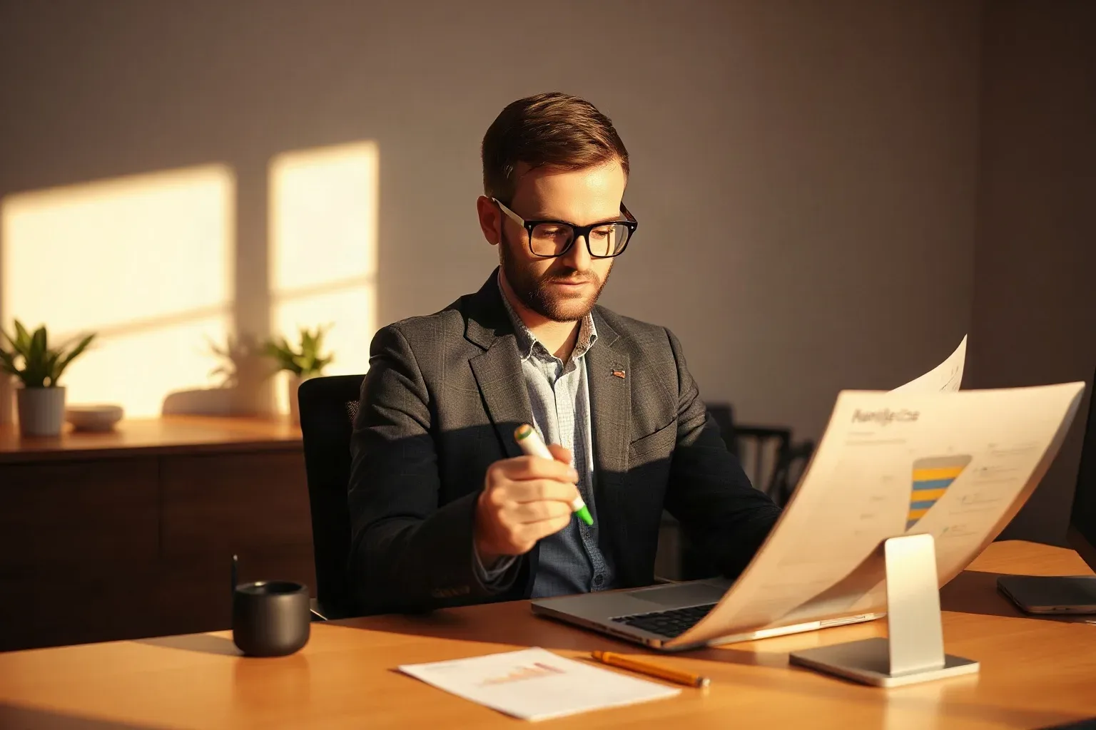 A person in a blazer and glasses sits at a wooden desk reviewing printed reports with charts, holding a green marker, with a laptop open nearby