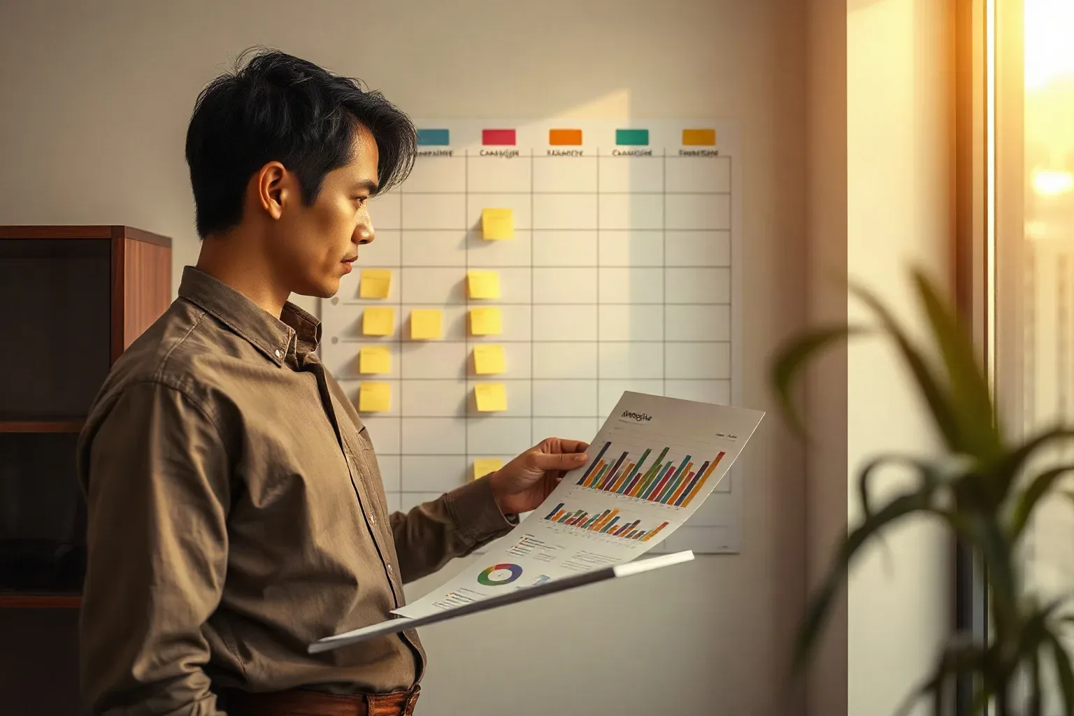 A person in a casual shirt studies a printed bar-chart report whilst standing in front of a wall-mounted grid covered in yellow sticky notes