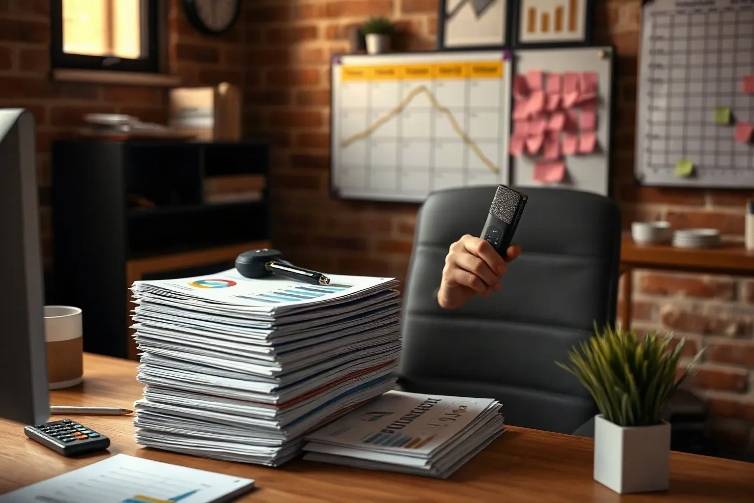 A marketing professional at a compact agency desk with exposed brick walls pressing a stack of printed funnel analytics reports into a tidy pile with both hands while a wireless presenter clicker is balanced on top and a colour-coded sticky-note planning grid is visible on the wall