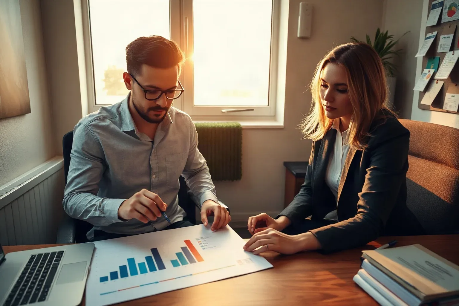 Two professionals sit at a wooden desk reviewing printed bar-chart reports together in a sunlit office