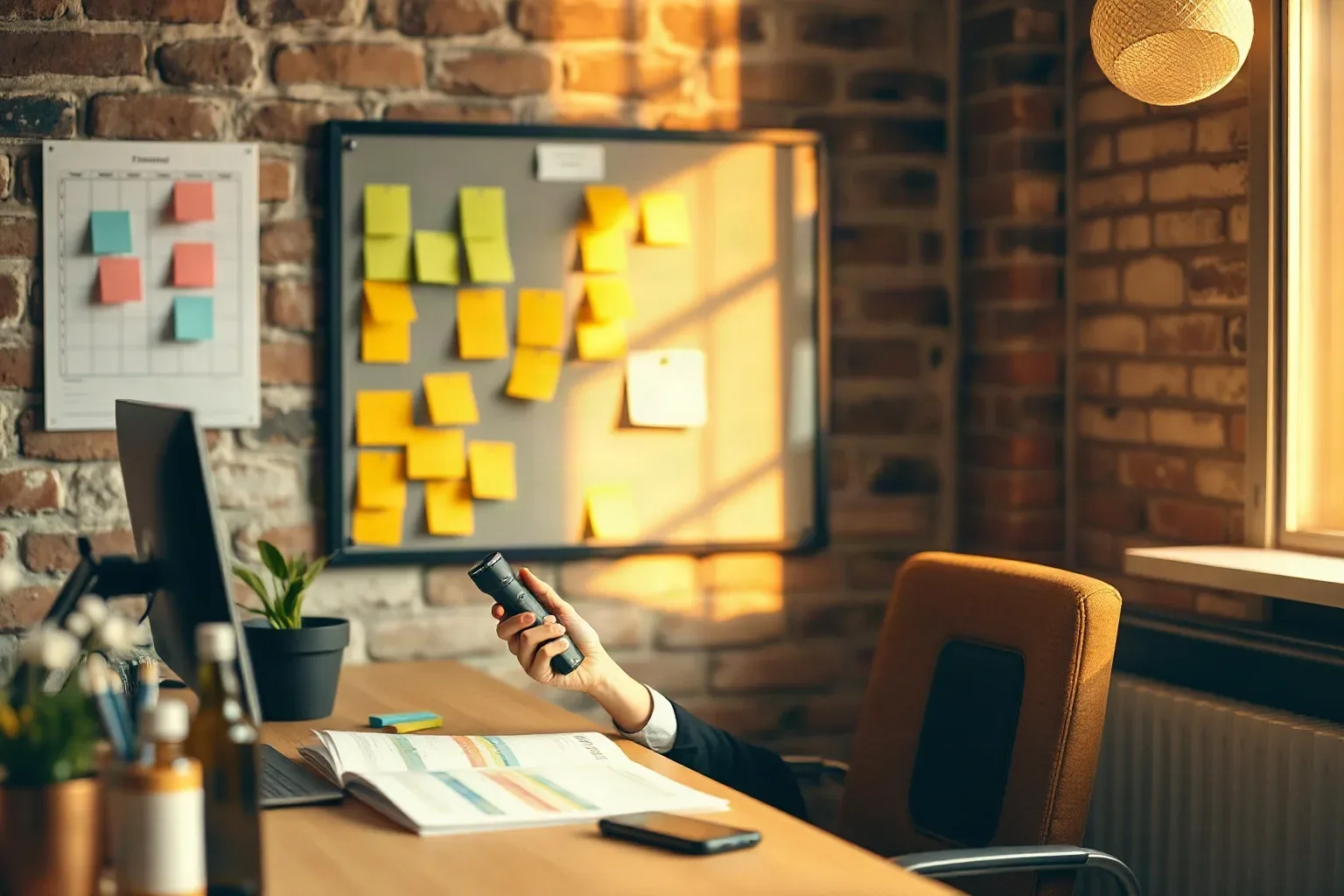 A professional in smart-casual clothing at a compact agency desk with exposed brick walls picking up a wireless presenter clicker and placing it deliberately on a specific section of a printed funnel analytics report while a colour-coded sticky-note planning grid and pin board are both visible on the wall