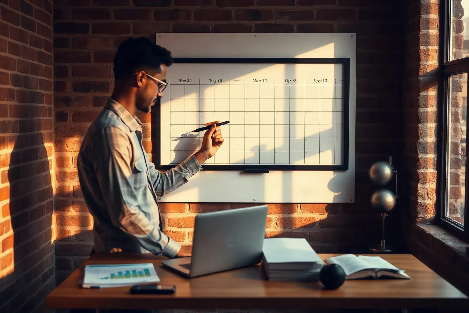 A person wearing glasses writes on a wall-mounted whiteboard calendar grid in a warm brick-walled office, with a laptop and open books on the desk nearby