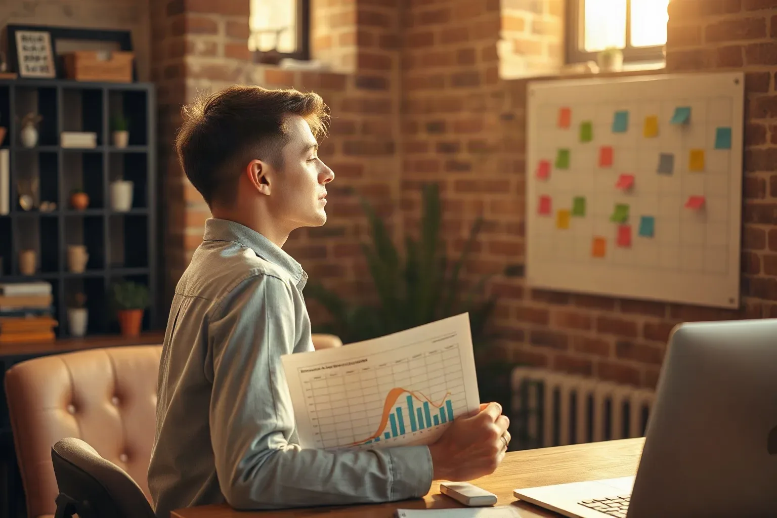 A marketing professional in a compact agency office with exposed brick walls leaning back from the desk while holding a printed funnel analytics report at reading distance and a colour-coded sticky-note planning grid is fully visible on the wall in the background