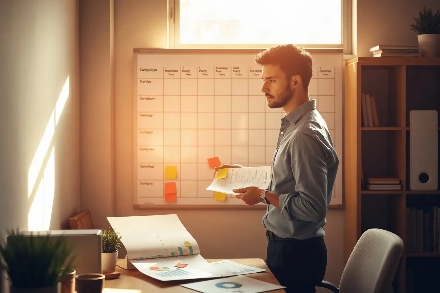 A person in a grey shirt stands beside a desk reviewing printed documents, with a whiteboard grid covered in colourful sticky notes behind them