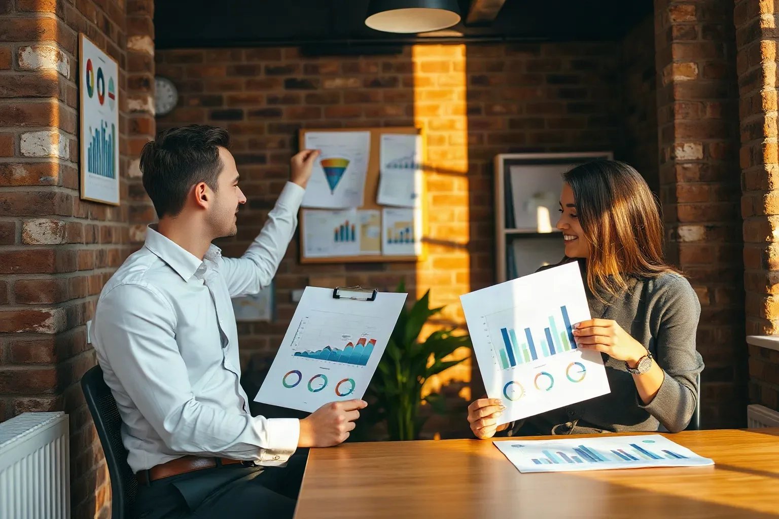 Two professionals sit at a wooden desk in a brick-walled office, smiling as they compare printed charts and graphs, with more charts pinned to the wall behind them